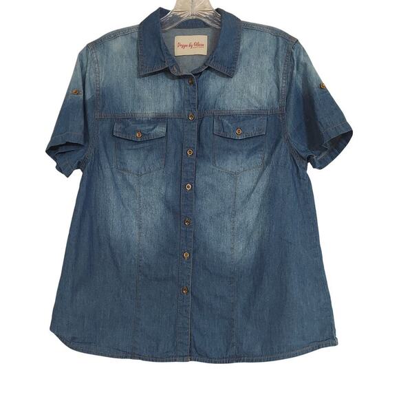 Design by Olivia Women's Classic Short Sleeve Button Down Denim Chambray Shirt - Picture 2 of 9
